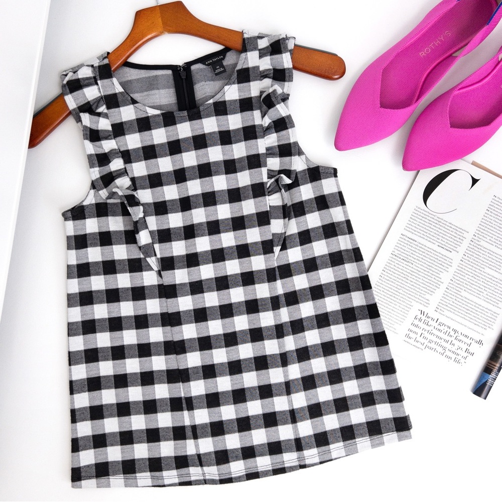 Ann Taylor .  Black and White Gingham Ruffle Front Top
